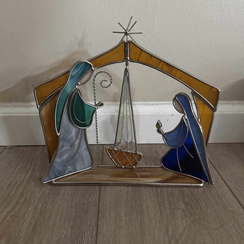 Vintage Stained Glass Christmas Nativity Scene Beautiful 9.5" Tall